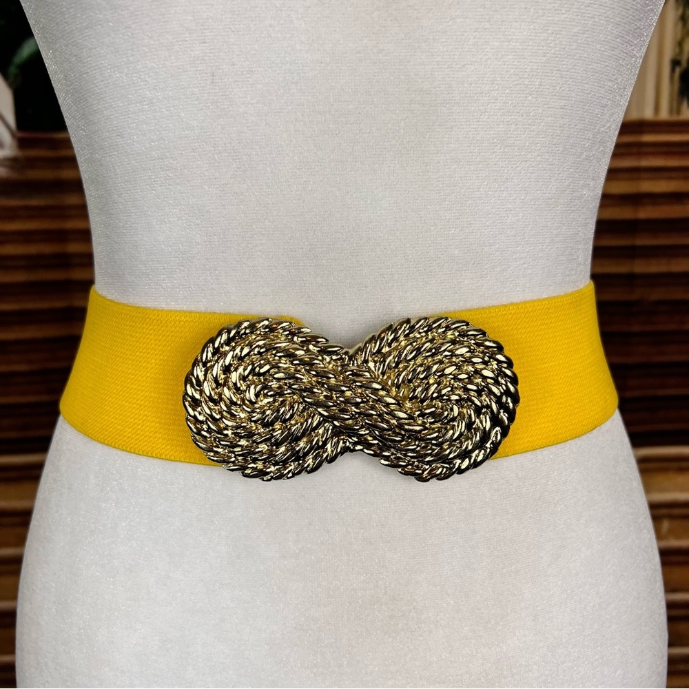 Vintage 80s Metal Gold Rope Elastic Waist Band Belt, 27” long, front hook adorbs - Picture 4 of 6
